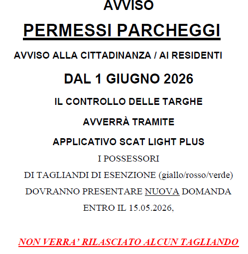 RIATTIVAZIONE PARCHEGGI A PAGAMENTO e SOSTITUZIONE PERMESSI PARCHEGGIO